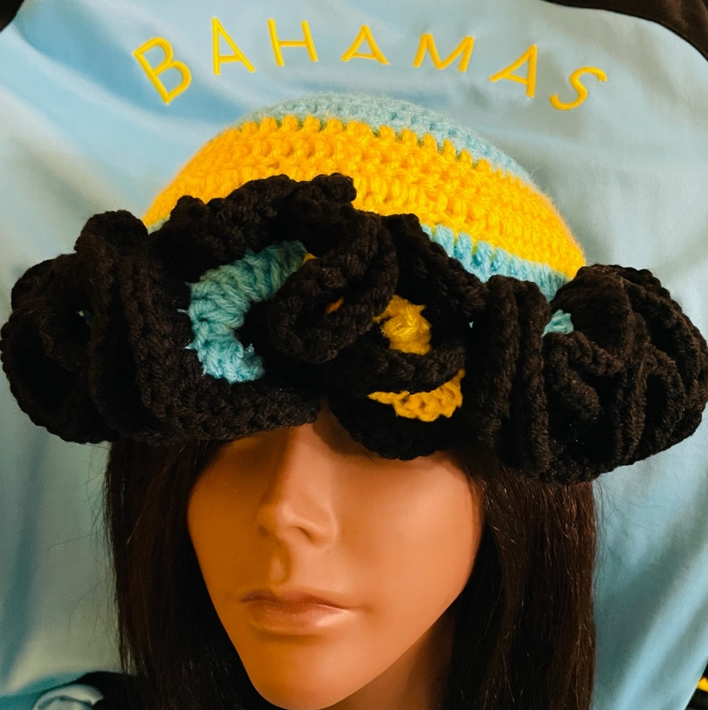 BLUE, YELLOW, BLACK CROCHET RUFFLE HAT